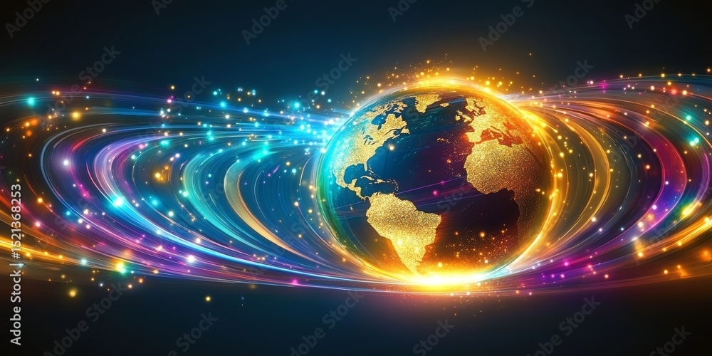 Poster vibrant global connectivity concept with animated light streams over a deep blue digital background