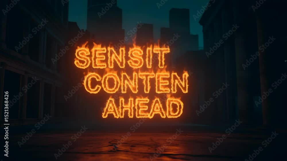 Poster Fiery Sensitive Content Warning Displayed in Dark Urban Environment