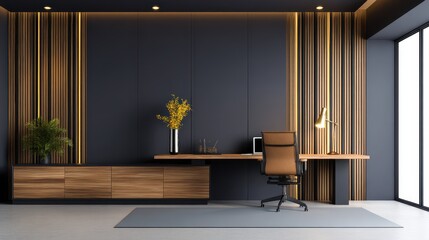 Modern office interior featuring a stylish desk, ergonomic chair, and decorative plants