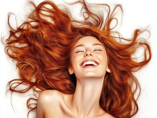 Naklejka premium Portrait of beautiful cheerful redhead girl with flying curly hair smiling laughing looking at camera over white background