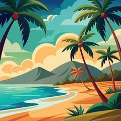 Obraz premium serene beach scene with swaying palms in the background