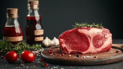 Premium Certified Angus Ribeye Steak on Wooden Board with Fresh Thyme and Tomatoes for Dinner