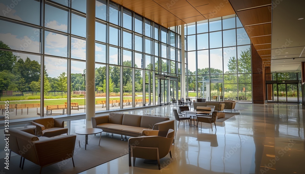 Poster spacious modern lobby with large windows overlooking a park-like setting.