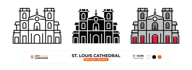 St. Louis Cathedral Line Icon, Port Louis, Mauritius Landmark Silhouette, Color Vector, Editable Stroke.