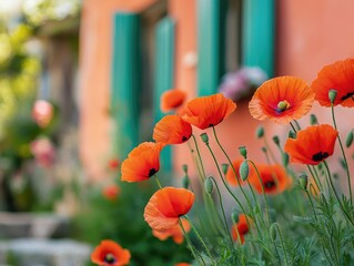 poppyflowers in front of a house in a small village,