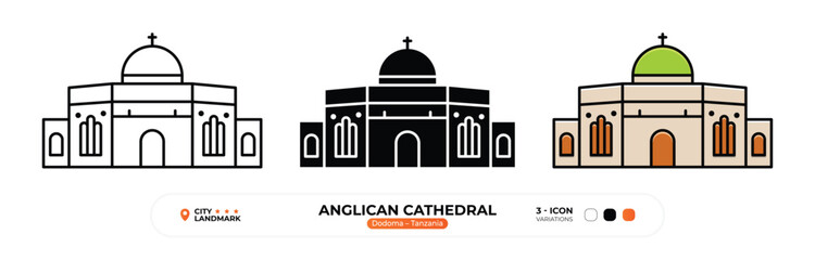 Anglican Cathedral Line Icon, Dodoma, Tanzania Landmark Silhouette, Color Vector, Editable Stroke.