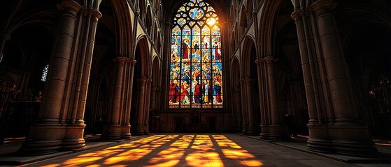 Inside a gothic church sunlight streaming through stained glass window illuminating the architecture and columns