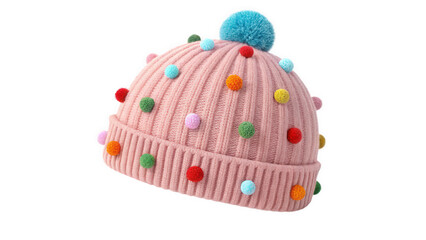 Charming Pink Knitted Children's Beanie with Colorful Pom-Poms and Blue Pom-Pom Topper, Generated by AI