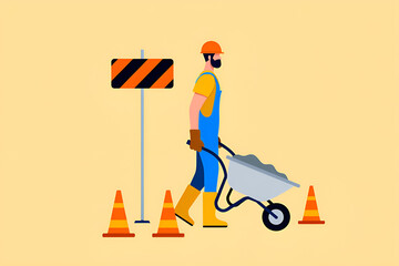 Construction Worker with Wheelbarrow and Traffic Cones - Flat Vector Illustration