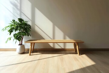 Minimalist room with a wooden bench, potted plant, and sunlight streaming through a window casting shadows on the wall and floor.