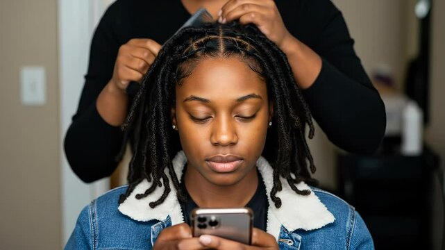 Young Black Woman with Stylish Locs Gets Hair Parted by Professional Hairstylist While Using Phone | Natural Hair Protective Style & Loc Maintenance