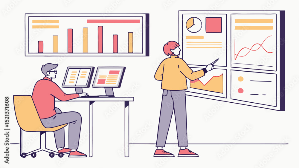 Poster illustration of two people in an office setting analyzing data on charts and computer screens shown 