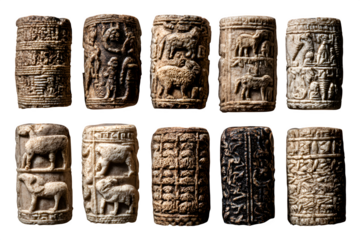 Ancient Mesopotamian Cylinder Seals Collection showcasing intricate carvings of animals and cuneiform script.