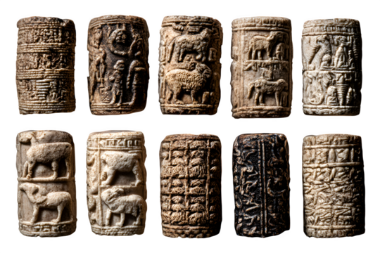 Ancient Mesopotamian Cylinder Seals Collection showcasing intricate carvings of animals and cuneiform script.