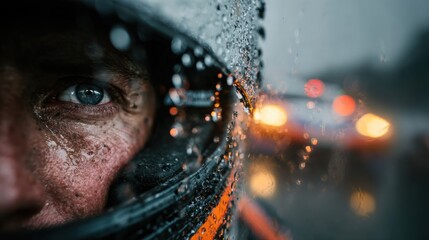 Close-up of wet race driver face through helmet visor with rain droplets and blurred lights in background perfect for motorsport visuals, racing atmosphere photography and speed competition campaigns