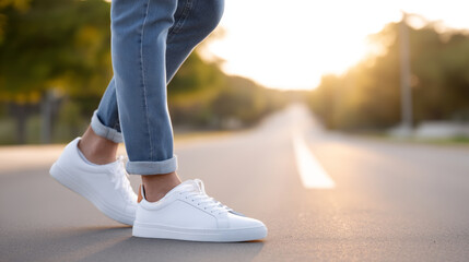 Walking confidently in sneakers, jeans, basking in warm glow of nature