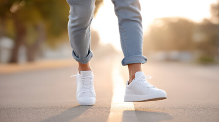 Vintage sneakers and jeans strides ahead, embracing carefree style