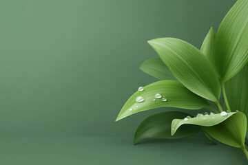 Lush green leaves glisten with water droplets, evoking fresh, pristine beauty
