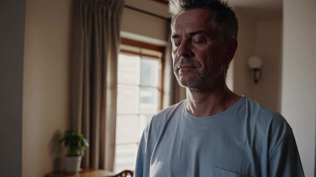 Mature man meditating at home, practicing mindfulness with closed eyes, breathing deeply in soft morning light, seeking inner peace and tranquility
