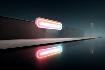 Vibrant neon glows, reflecting on dark street, creating peaceful mood