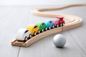 Toy cars line up happily in rainbow order on floor