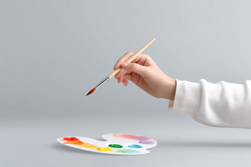 Child hand holds brush with paint, filled with joy and excitement for art