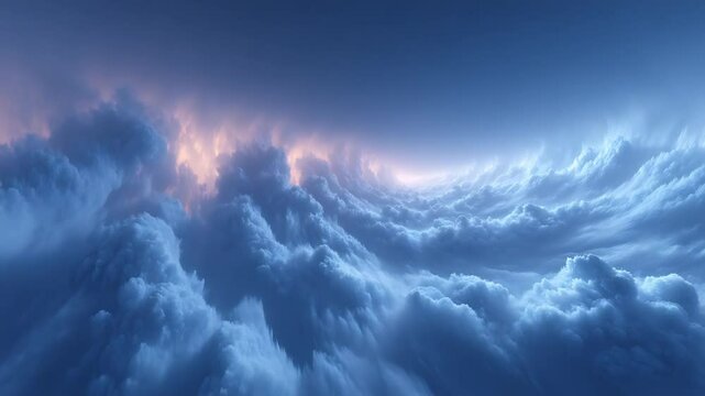 Ethereal blue clouds float in a serene sky with golden light creating a heavenly dreamscape view