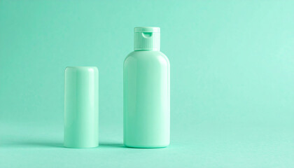 Mini pastel green bottle of shampoo. Cosmetic container. Natural beauty product. Mock-up.