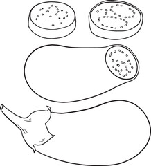 A simple and clear set of hand-drawn eggplant illustrations, perfect for various design projects. Includes whole eggplants and sliced pieces, ideal for coloring books, educational materials, cooking.
