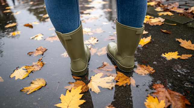 Person wearing green rain boots standing in puddle with autumn leaves  