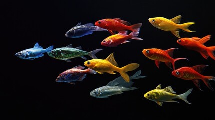 Imagine a school of fish of different bright colors seen from below, on a black background,