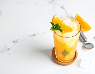 A citrusy drink with ice and mint sits beside a spoon on a white surface in a calm setting.