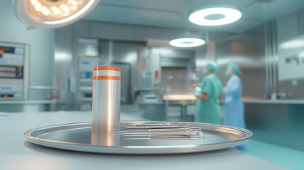 Surgical instruments neatly arranged on a tray in an operating room  
