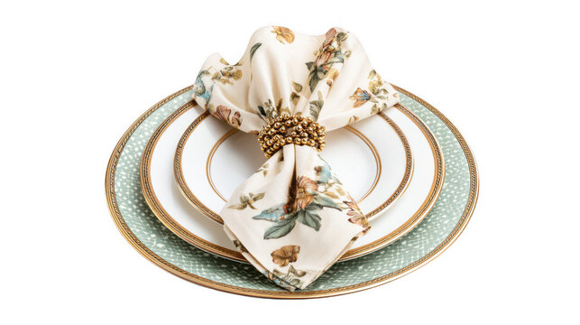 Beautifully folded floral napkin, secured with a golden beaded napkin ring, rests gracefully upon a set of elegant porcelain plates with gold detailing, set against a transparent background
