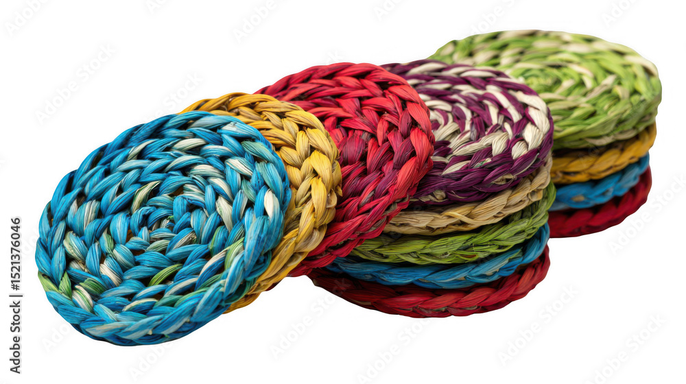Poster colorful, handcrafted straw coasters, woven in a spiral pattern, stacked and overlapping on a transp