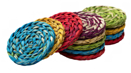 Colorful, handcrafted straw coasters, woven in a spiral pattern, stacked and overlapping on a transparent background, adding vibrant texture to any table setting