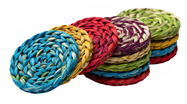 Colorful, handcrafted straw coasters, woven in a spiral pattern, stacked and overlapping on a transparent background, adding vibrant texture to any table setting