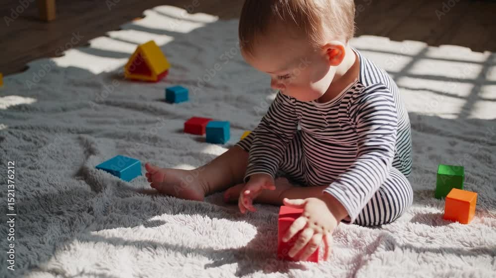 Poster infant playing with vibrant building blocks, developing fine motor skills and creativity while sitti