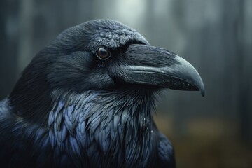 Close-Up of Raven in Mysterious Forest Setting
