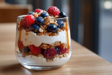 Berry Yogurt Parfait with Granola in Glass
