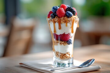 Delicious Greek Yogurt Parfait with Fresh Berries, Granola, and Caramel Drizzle