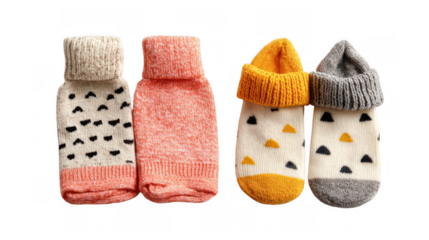 Four colorful baby socks, folded neatly, displaying various patterns and textures, are presented against a transparent backdrop, ready for easy integration into diverse design projects