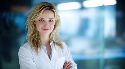 A confident young female doctor smiling in a white coat, embodying professionalism and trust in healthcare.