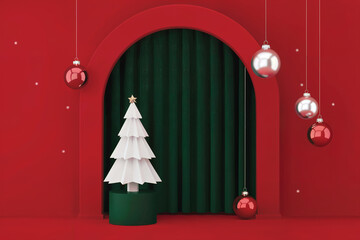 Festive christmas scene featuring a stylized white tree with hanging ornaments and a green backdrop.