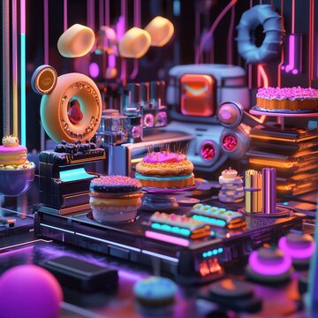 Naklejki Vibrant neon dessert display virtual bakery 3d render digital art studio whimsical food art