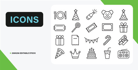 Editable Party Icons  Celebration, Festive, Birthday, Event, Line Art Graphics