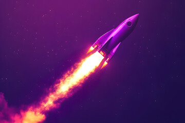 Fototapeta premium A rocket illuminates the night sky as it launches - symbolizing our ceaseless pursuit of knowledge and space exploration purple background