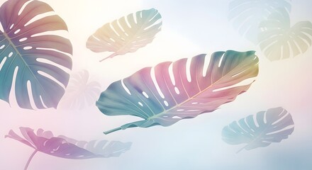 Botanical surrealism with oversized tropical leaves floating in misty gradients for ethereal and creative nature backgrounds