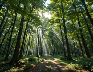 Obraz premium A forest with tall trees, a dirt path, and sunlight streaming through the canopy of branches and leaves, evokes a sense of peace and tranquility.