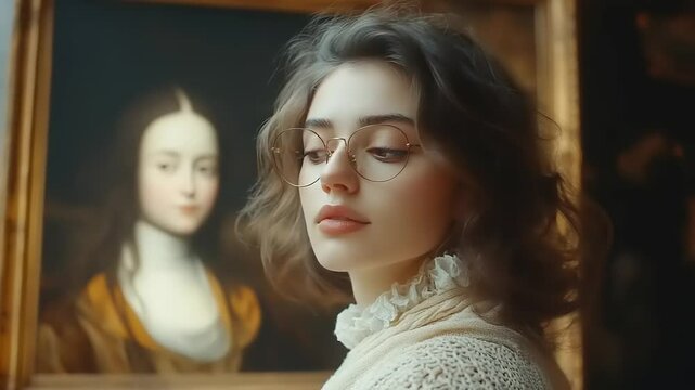 Young woman with glasses near classic portrait art